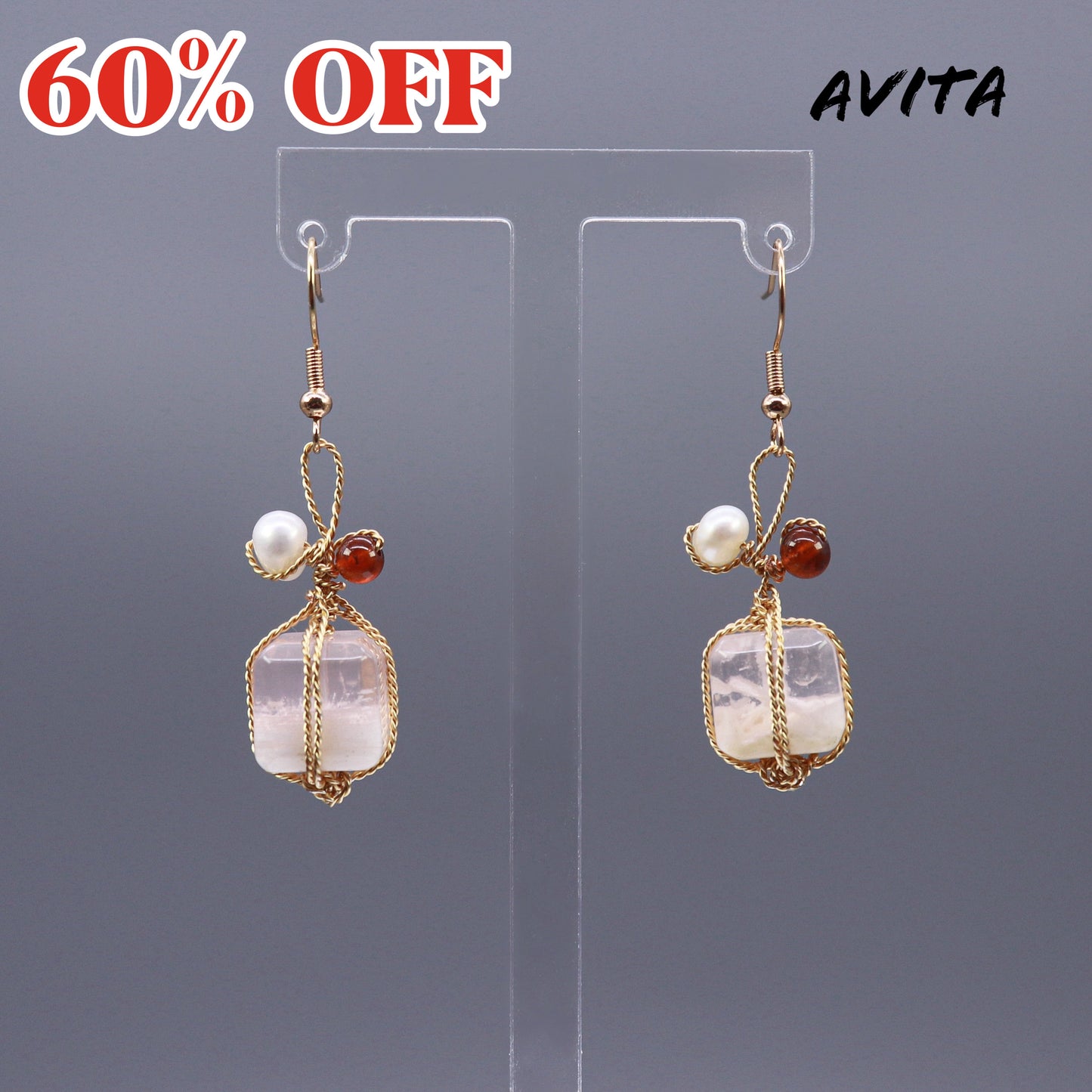 AVITA Elegant Life 60% OFF Sakura Agate Handmade Crystal Earrings For Energy Boost & Attracting Love